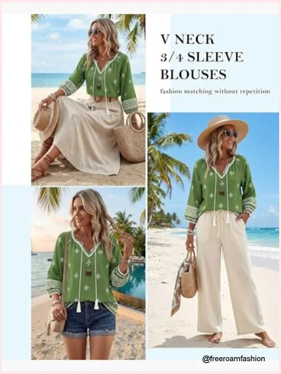 Women's Floral Print V-Neck 3/4 Sleeve Blouse Tie Front Flowy Tunic - Picture 2 of 7